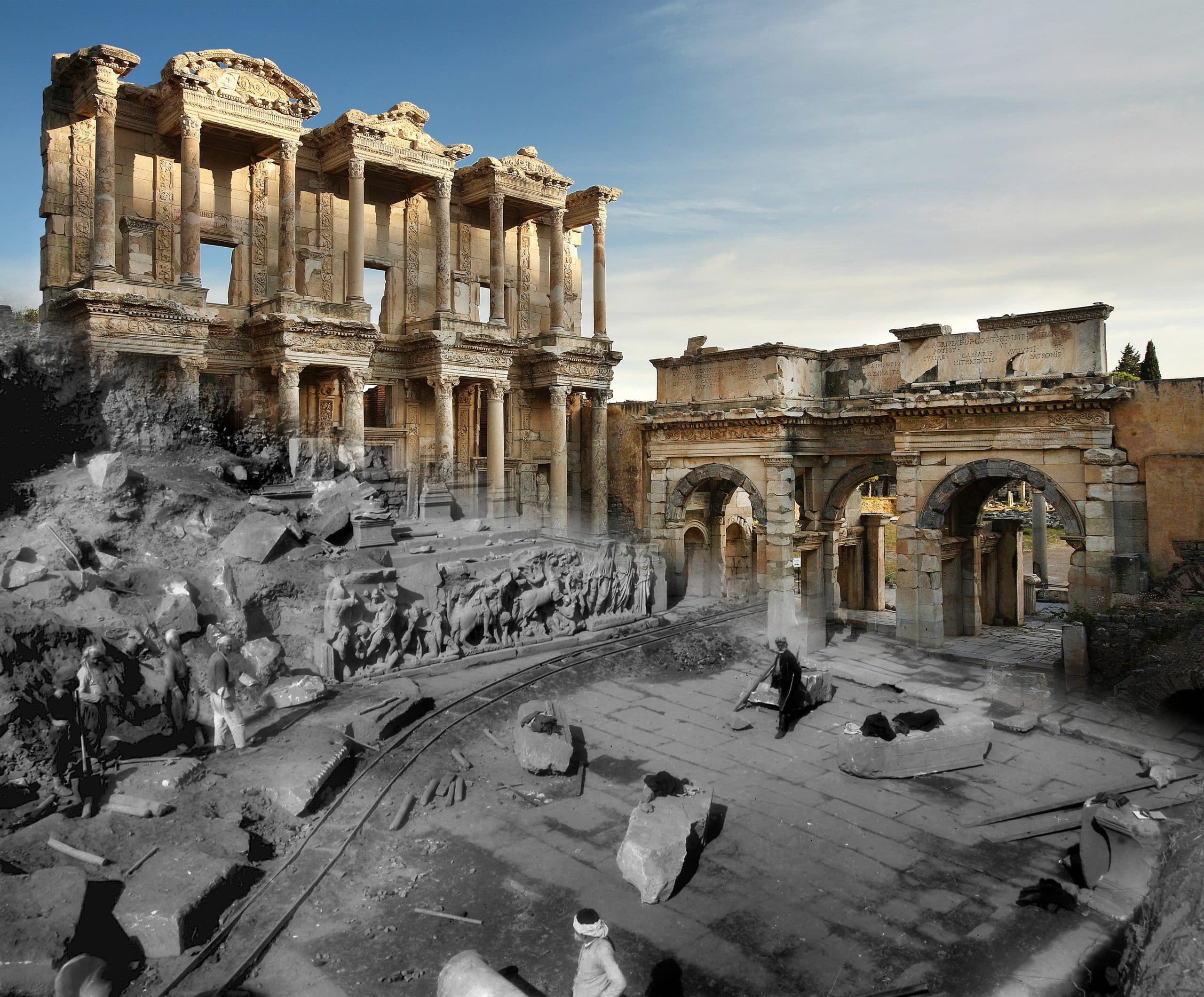 Celsus Kütüphanesi önünde eski kazı fotoğrafı ile bugünkü görünüm